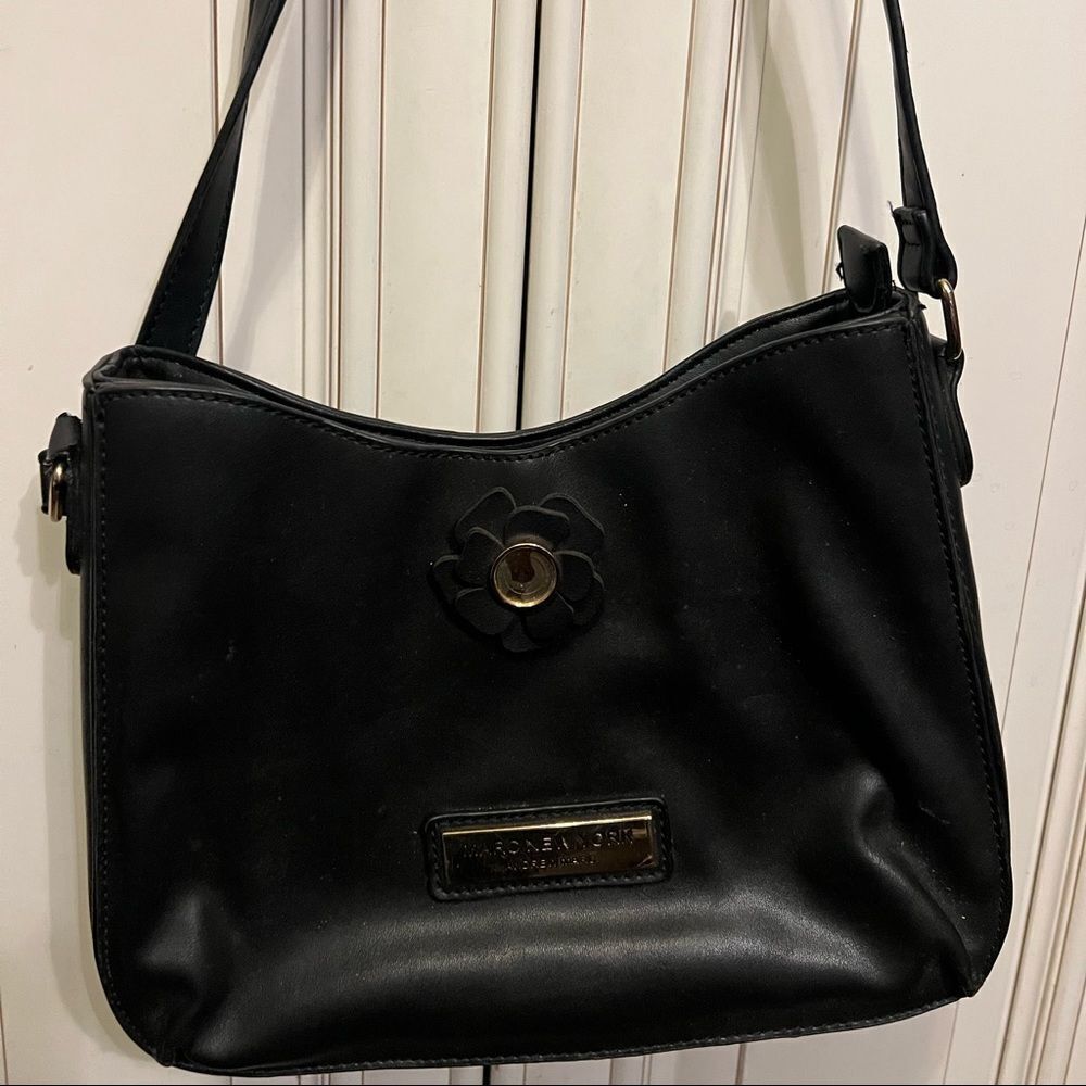 Andrew Marc New York Designer Black Leather Flowers Medium Shoulder Purse